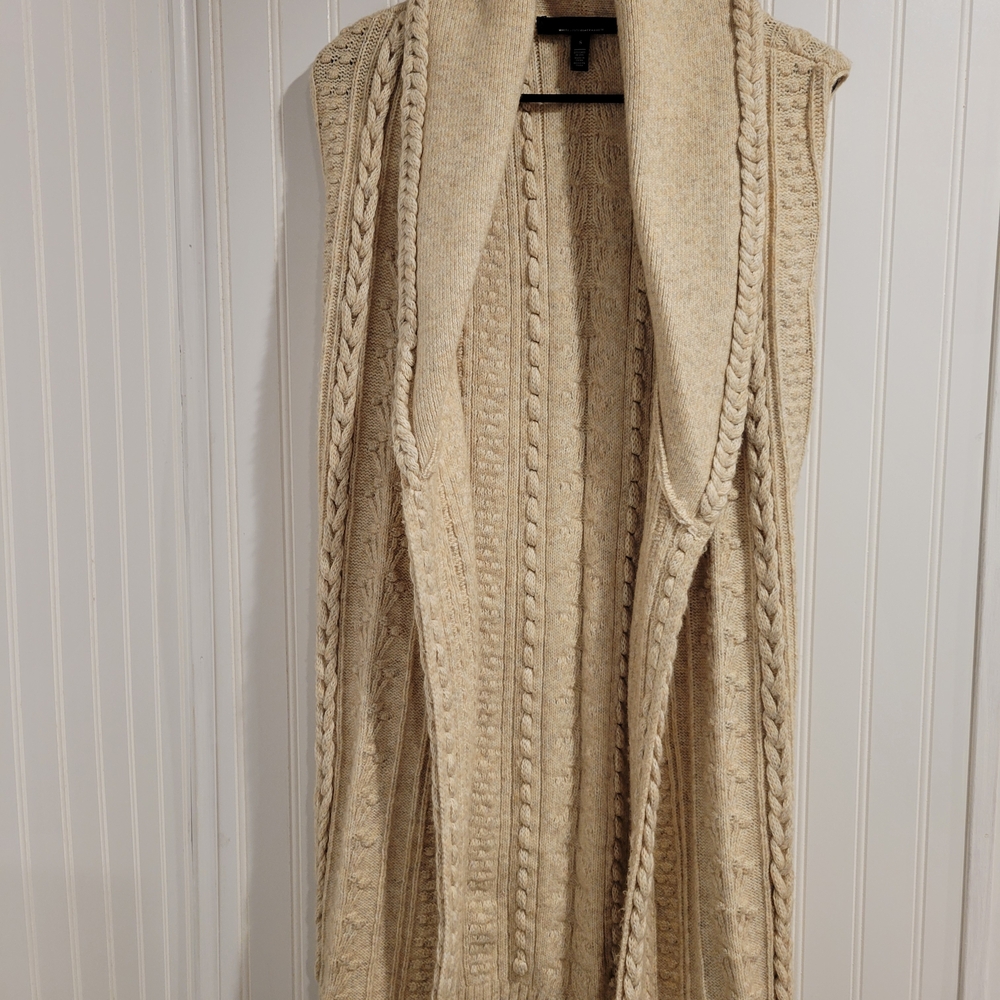 White House Black Market Wool Blend Beige Cable Knit Sweater Vest & Belt Small